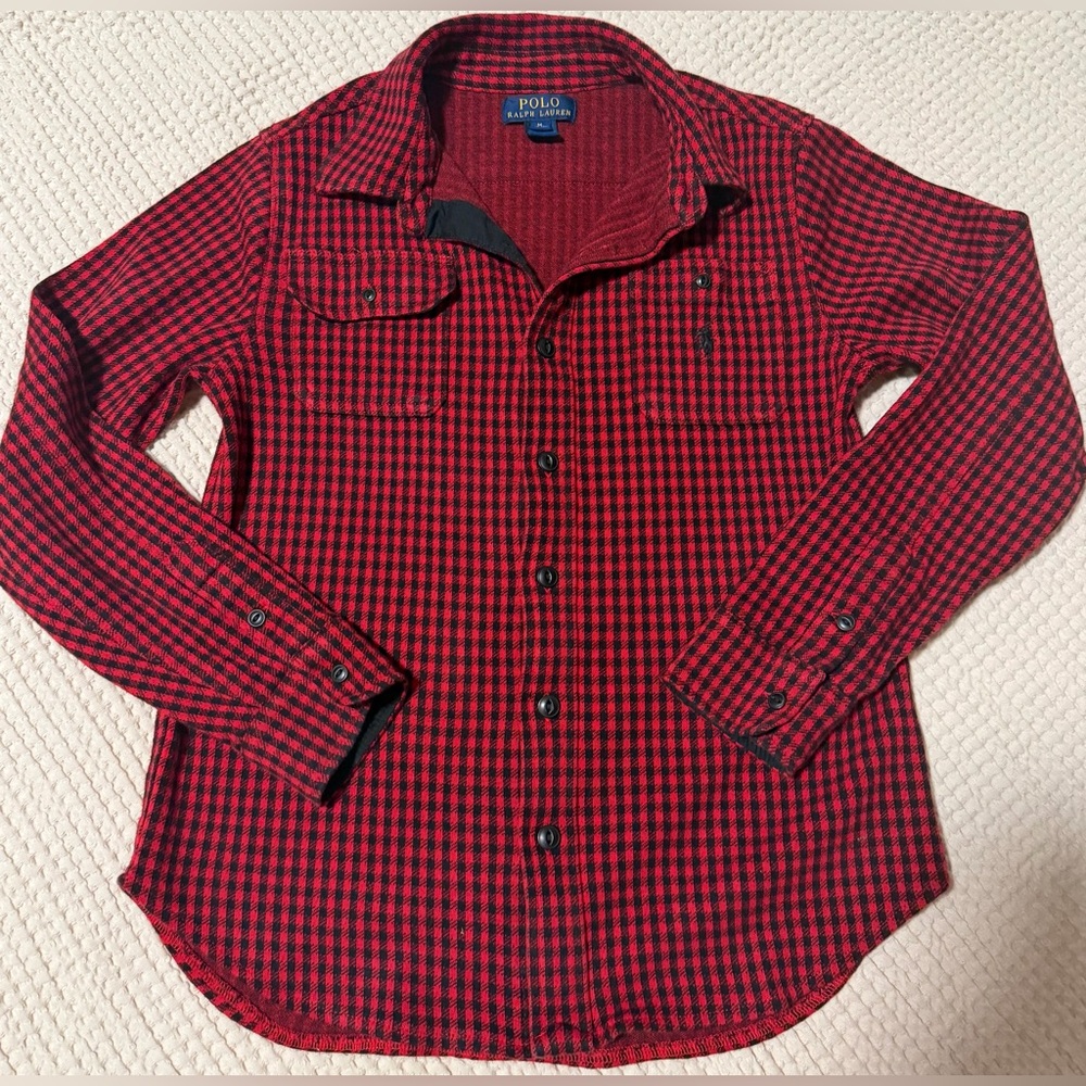 Preowned PoloRalphLauren Boys Red/Black Buffalo Plaid Button Down Shirt M 10-12